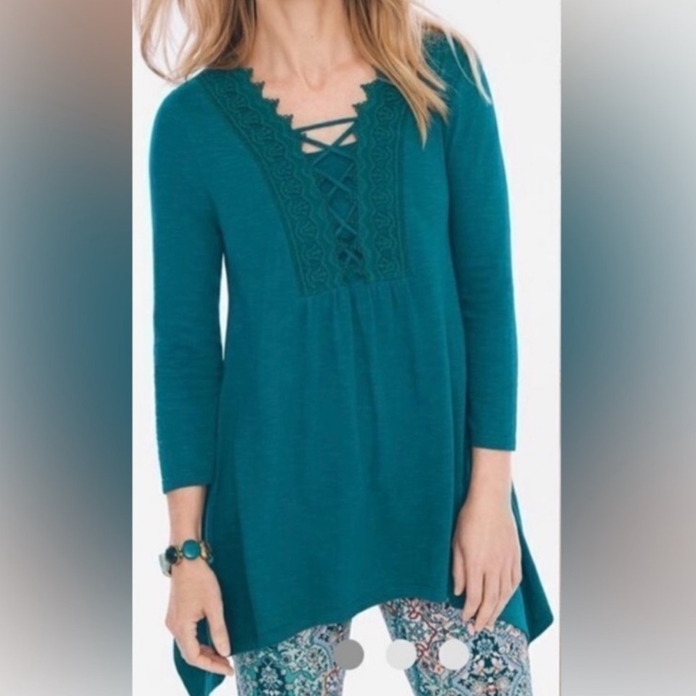 Chico’s Knit Top Lace Front 3/4 Sleeves Tapestry Teal Size 2R Sharkbite Fairy